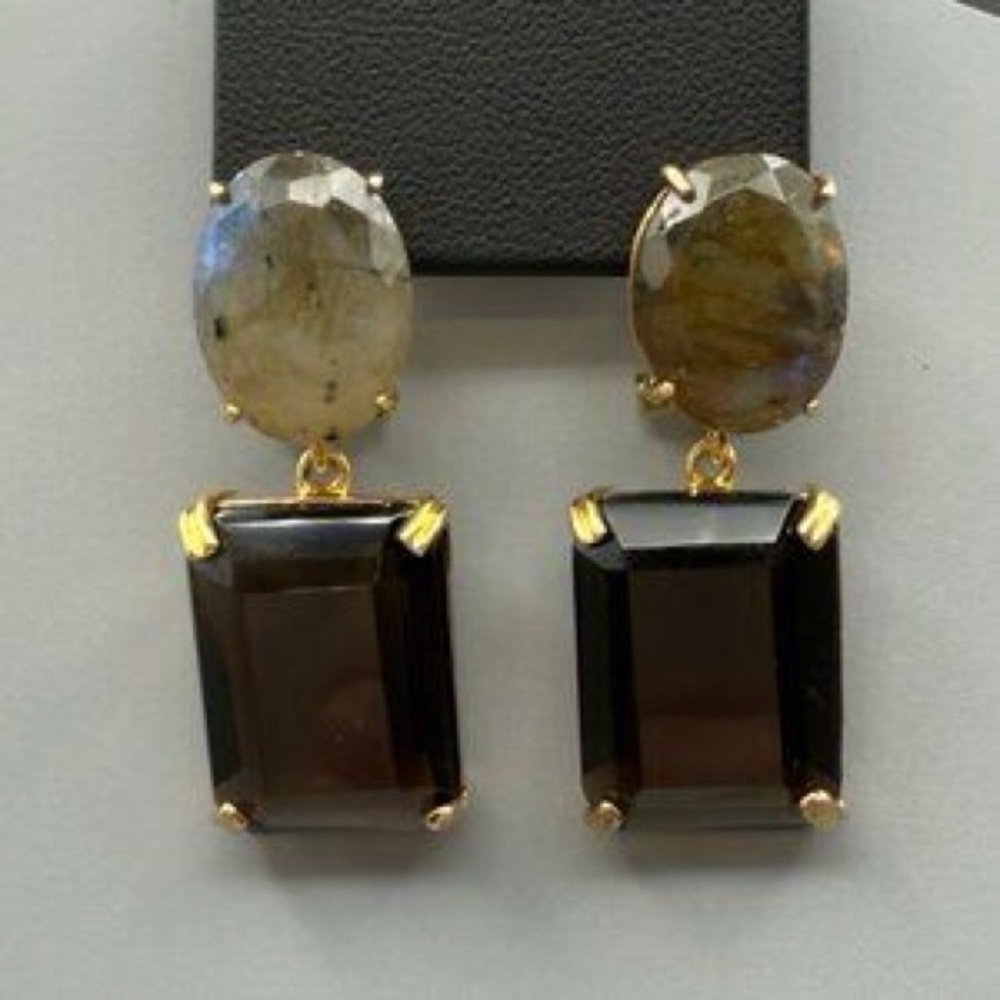 Bounkit Sterling Silver Smoky Quartz Labradorite Signed Earrings